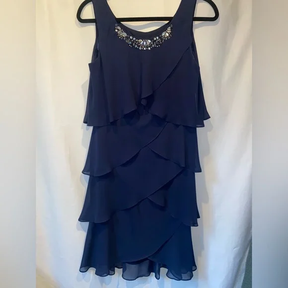 💙 SLNY SL Fashion New York Embellished Navy Tiered Chiffon Dress & Capelet  NWT - Picture 6 of 10